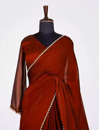 Poly Georgette Red Saree | Superfined Finish| Embellished Border|  Festive & Party Wear| Lightweight Drape|  Unstitched Blouse thumbnail 1