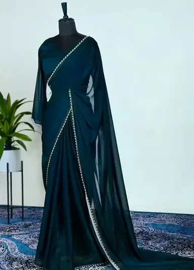 Poly Georgette Dark Green | Embellished Border Saree | Lightweight | Elegant Festive Wear thumbnail 0