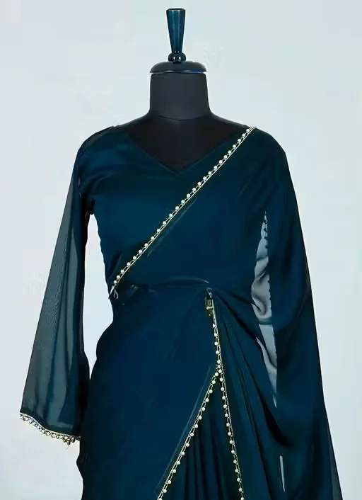 Poly Georgette Dark Green | Embellished Border Saree | Lightweight | Elegant Festive Wear image 2