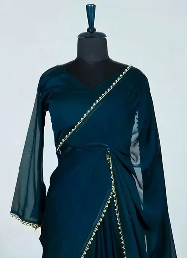 Poly Georgette Dark Green | Embellished Border Saree | Lightweight | Elegant Festive Wear thumbnail 1