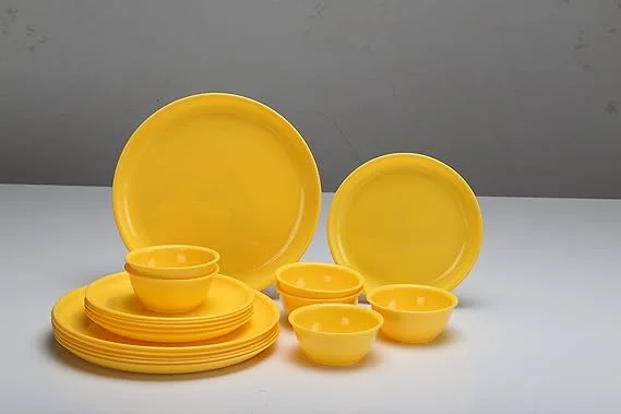 18-Piece Yellow Dinner Set | 6 Big 10-Inch Plates | 6 x 150 ml Bowls | 6 Spoons | Microwave |Dishwasher Safe Unbreakable Food-Grade Plastic Family Dining Set image 1