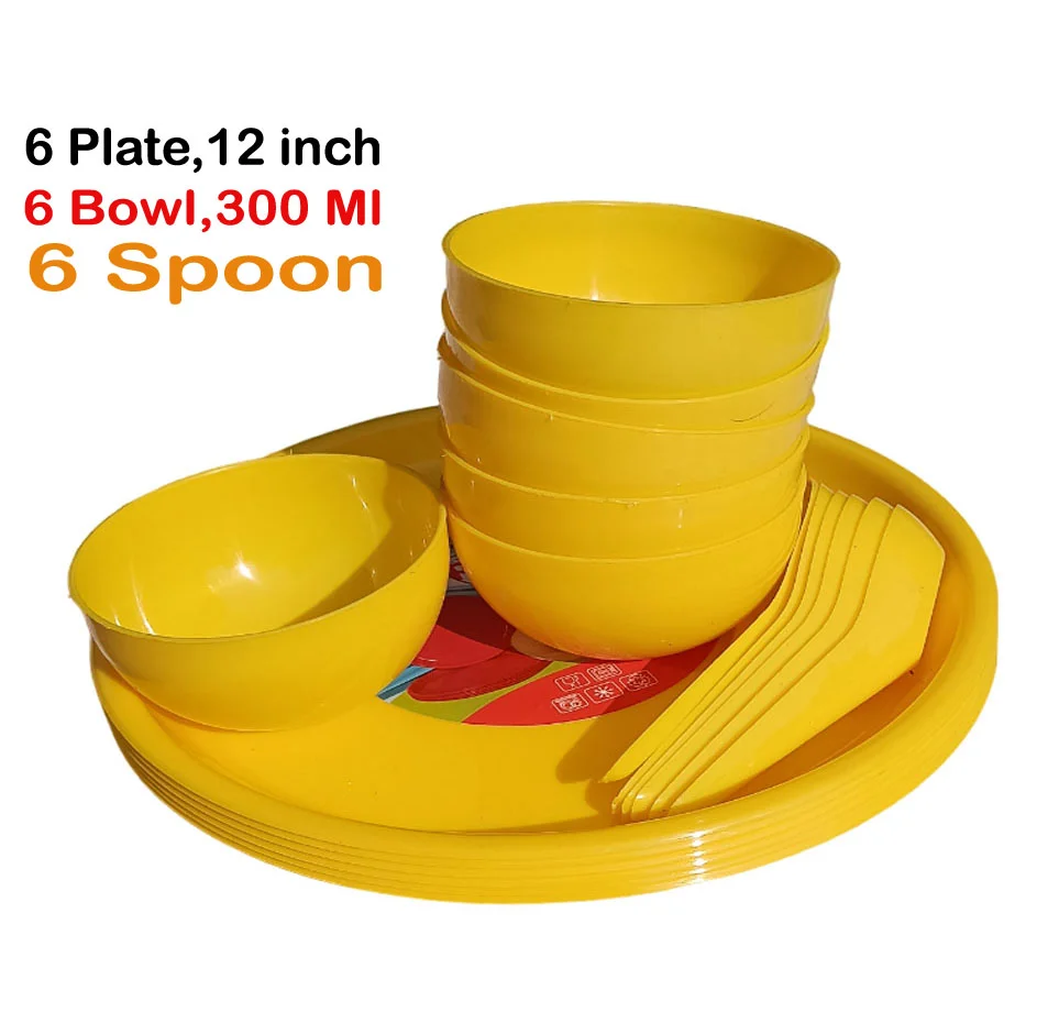 Pack of 18 Unbreakable Round Microwave Safe Dinner Set | Plates | Spoons | Bowls | Yellow image 1