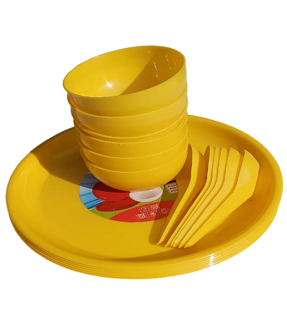 Pack of 18 Unbrekable Round Microwave Safe Full Dinner Plates | Spoons and Bowls Set Dinner Set | Yellow colour image 1