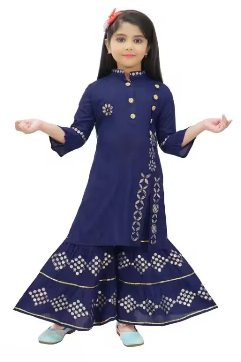 Girls Navy Blue Rayon Kurta Sharara Set | Age 7-8 Years | Soft Fabric Ethnic Wear for Festivals image 1