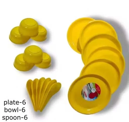 Pack of 18 Unbrekable Round Microwave Safe | Full Dinner Plates l Spoons and Bowls Set Dinner Set | Yellow colour image 1