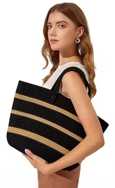 Trimly Striped Jute Shoulder Bag | Stylish Trendy | 1 Compartment thumbnail 2