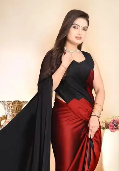 Women's Solid Satin Silk Saree | Black and Red with Unstitched Blouse Piece | Elegant Party Wear | Soft Lightweight Drape thumbnail 0