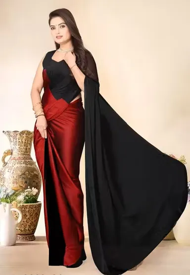 Women's Solid Satin Silk Saree | Black and Red with Unstitched Blouse Piece | Elegant Party Wear | Soft Lightweight Drape thumbnail 1