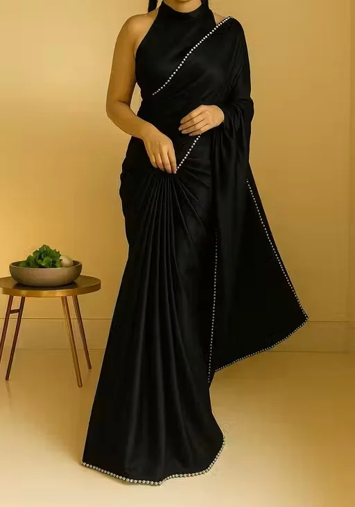 Women's Satin Silk Saree with Pearl Border | Black Saree with Blouse Piece |Party Wear Saree for Women | Office & Festive Saree | Soft Silk Saree for Daily Use image 1
