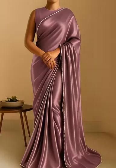 Women's Satin Silk Saree with Pearl Border | Pink Saree with Blouse | Elegant Party Wear Saree | Festive Saree| Office Saree| Daily Wear Saree thumbnail 0