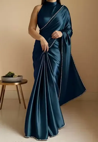 Women's Peacock Blue Satin Silk Saree with Pearl Border | Saree with Blouse Piece | Festive Wear Party Wear| Office Wear Daily Wear | Soft & Elegant | Timeless Design thumbnail 0