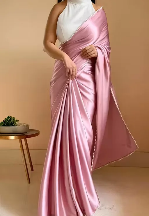 Women's Japan Satin Silk Saree | All Over Pearl Lace Border | Unstitched Blouse | Pink Saree for Festive & Wedding Wear image 1