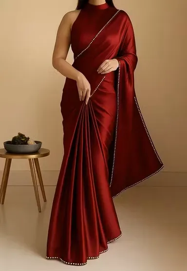 Graceful Maroon Satin Saree | Elegant Satin Sarees | Wedding Party Saree | Maroon Silk Satin Drapes | Festive Wear Saree | Traditional Indian Satin Saree thumbnail 0