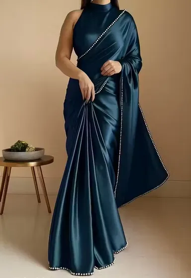 Peacock Blue Satin Saree | Elegant Satin Saree | Party Wear Saree |Designer Satin Saree | Satin Saree with Blouse thumbnail 0