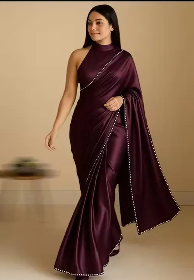 Purple Satin Saree | Elegant Shiny Bridal Wear Satin Saree | Deep Violet Satin Silk thumbnail 0
