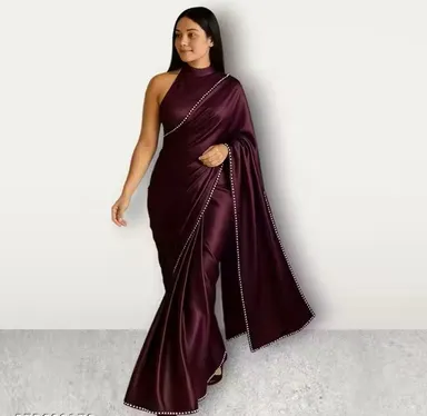 Purple Satin Saree | Elegant Shiny Bridal Wear Satin Saree | Deep Violet Satin Silk thumbnail 1
