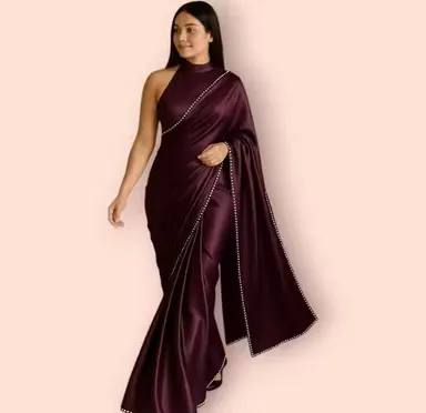 Purple Satin Saree | Elegant Shiny Bridal Wear Satin Saree | Deep Violet Satin Silk thumbnail 2