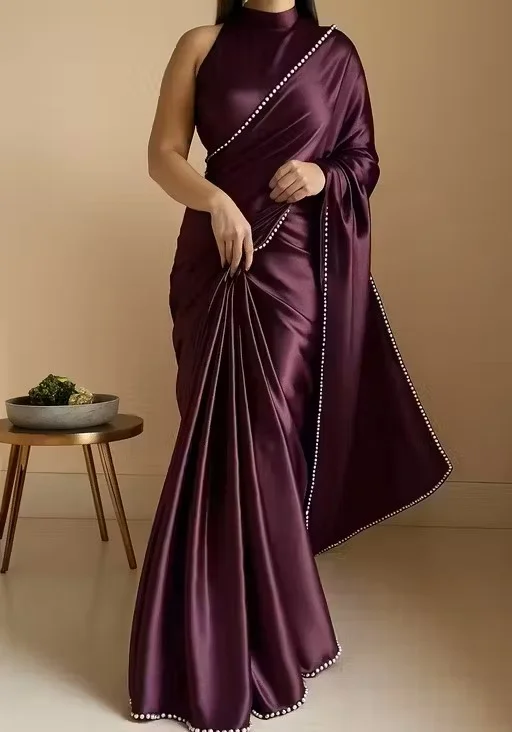Purple Satin Saree | Elegant Shiny Bridal Wear Satin Saree | Deep Violet Satin Silk image 4
