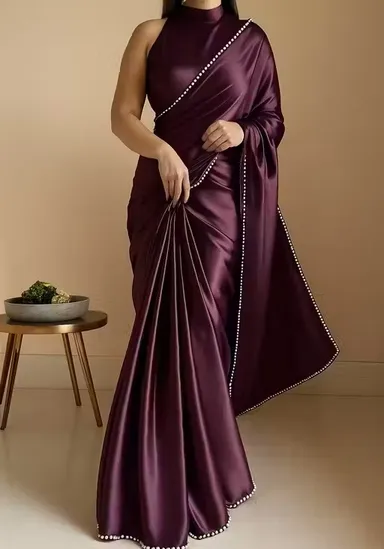 Purple Satin Saree | Elegant Shiny Bridal Wear Satin Saree | Deep Violet Satin Silk thumbnail 3