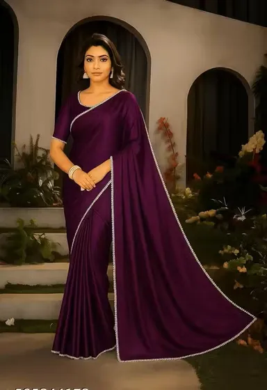 Women's Satin Silk Saree with Pearl Border | Purple Saree with Blouse Piece | Party Wear Saree | Office Wear Saree | Daily Use Saree for Women thumbnail 0