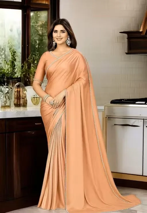 Women's Satin Silk Saree with Pearl Border | Peach Satin Saree | Party Wear Saree | Festive Saree | Office Saree | Daily Wear Saree image 1