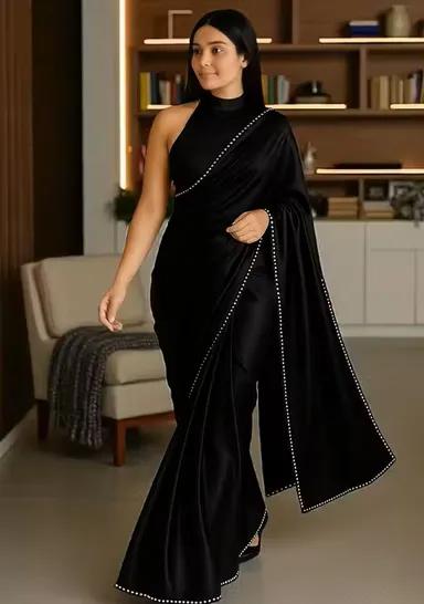 Women’s Satin Silk Saree with Pearl Border | Black Satin Saree | Party Wear Silk Saree |Festive Silk Saree | Office Wear Saree | Daily Wear Saree thumbnail 0