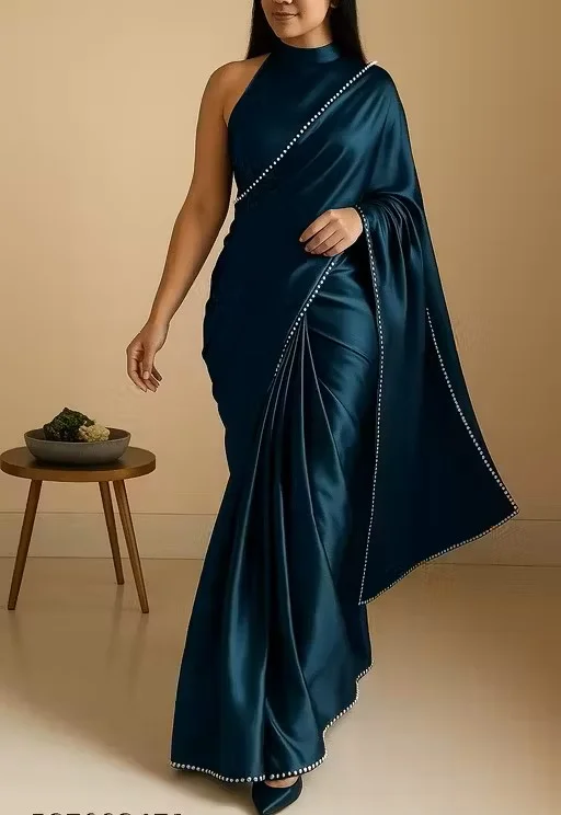 Women’s Satin Silk Saree with Pearl Border | Peacock Blue | Party Saree | Festive Saree | Office Wear Saree | Daily Wear Saree image 1