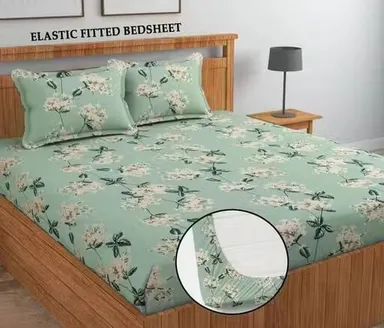 Trimly Floral Elastic Fitted Bedsheet | Elegant Green King Set with 2 Pillow Covers