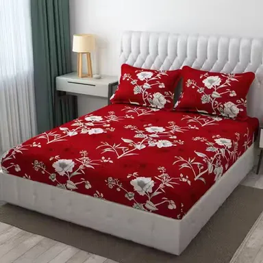 Trimly Premium King-Size Fitted Sheet| Floral Double King Set with 2 Pillow Covers
