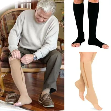 Premium Zip Compression Socks | 1 Pair Zipper Leg Support Knee Stockings | Open Toe Thin Anti-Fatigue Unisex Compression Socks thumbnail 1