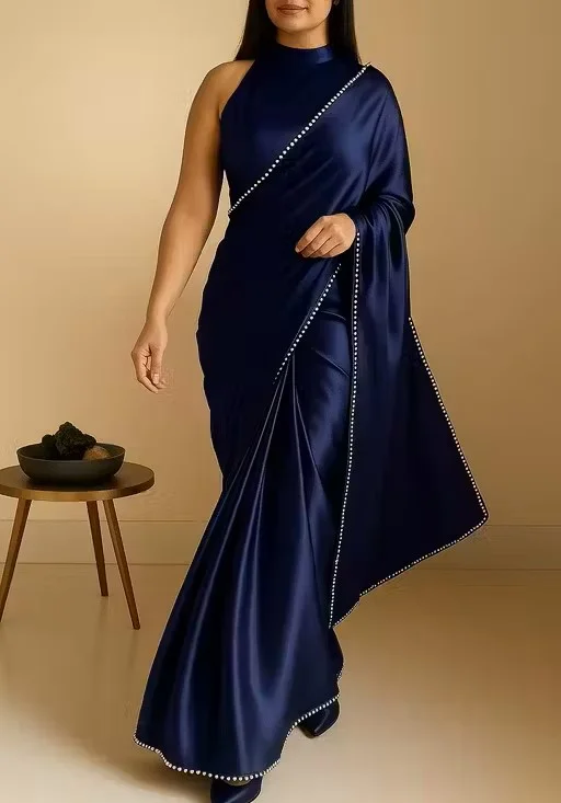 Women's Satin Silk Saree with Pearl Border | Navy Blue Saree for Party | Festive Office Daily Wear | Saree with Blouse Piece image 1