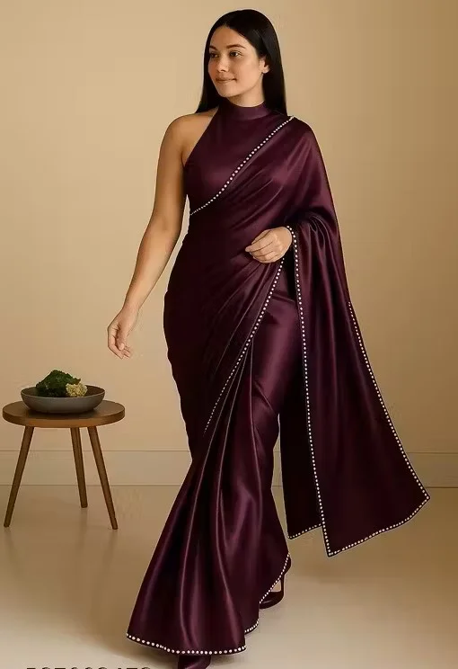 Women's Satin Silk Saree with Pearl Border | Purple Saree with Blouse | Party Wear Saree | Festive Wear| Office Saree | Daily Use Saree image 1