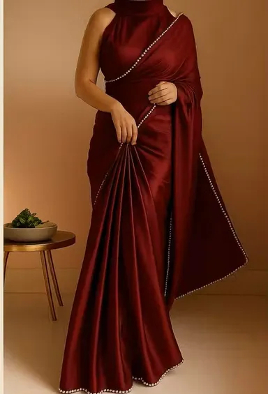 Maroon Satin Silk Saree with Pearl Border | Party Festive Office Saree | Blouse Included thumbnail 0