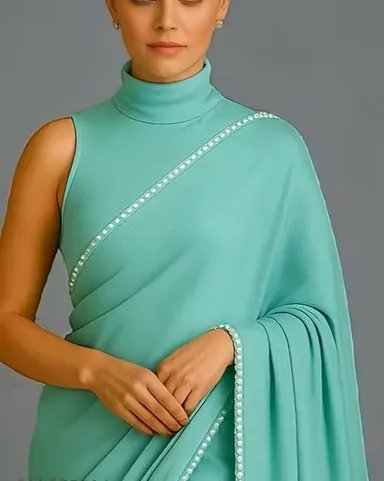 Women’s Satin Silk Saree with Pearl Border | Sky Blue Party Wear | Festive Saree Office Wear | Daily Use thumbnail 0