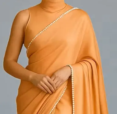 Women's Satin Silk Saree with Pearl Border | Peach Satin Saree | Elegant Party Wear Saree | Festive Silk Saree |Office Wear Saree thumbnail 0