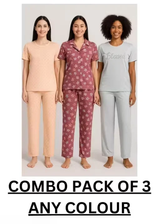 Women Cotton Blend Printed Nightsuit Set | Pack of 3 | Summer Sleepwear & Loungewear | M Size image 1