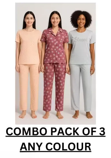 Women Cotton Blend Floral Printed Nightsuit Set | Pack of 3 | Comfortable Summer Sleepwear & Loungewear | XL Size thumbnail 0