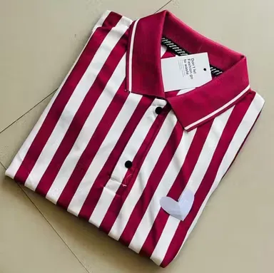 Men Cotton Blend Collar T-Shirt | Red & White Stripes | Soft & Breathable Casual Summer Wear | Half Sleeve | M Size thumbnail 0