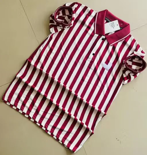 Men Cotton Blend Collar T-Shirt | Red & White Stripes | Soft & Breathable Casual Summer Wear | Half Sleeve | M Size image 2