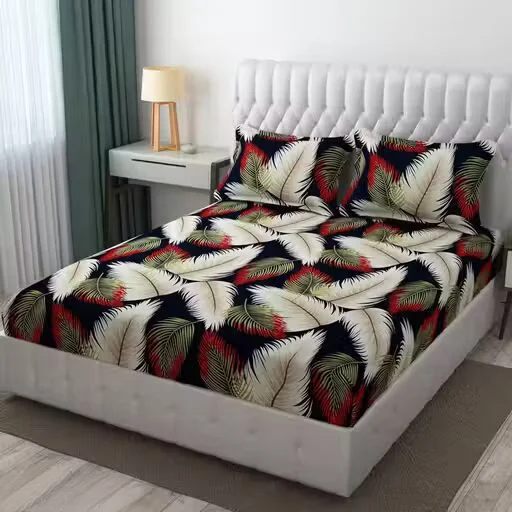 Trimly Premium Glace Cotton Fitted Bedsheet | Leafy Print Soft & Comfortable image 1
