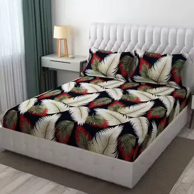 Trimly Premium Glace Cotton Fitted Bedsheet | Leafy Print Soft & Comfortable