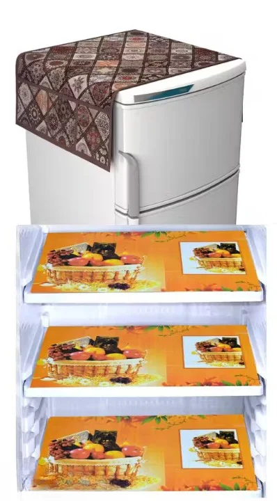 Fridge Decor Set | 1 Fridge Top Cover|3 Anti-Slip Shelf Mats | Stylish Kitchen Protection image 1