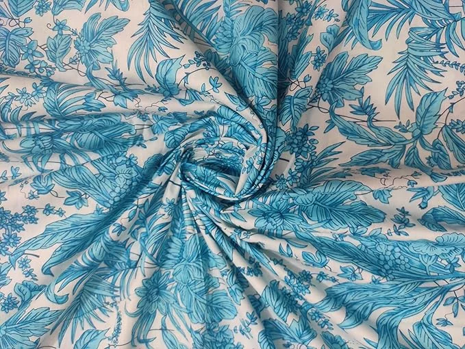Jaipuri Cotton Dress Material | Floral Hand Block Printed Fabric 2.5 Meter | Women Kurti Material, Natural Paisley Cloth Running Fabric, Sky Blue 44 Inches Width image 3