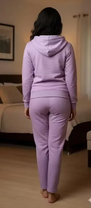 Women Winter Woolen Fur Top & Bottom Set | Full Sleeves with Zipper| Lavender | Casual Loungewear | L Size thumbnail 2