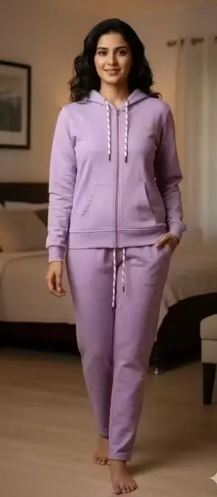Women Winter Woolen Fur Top & Bottom Set | Full Sleeves with Zipper | Lavender | Plus-Size Loungewear | XXL Size
