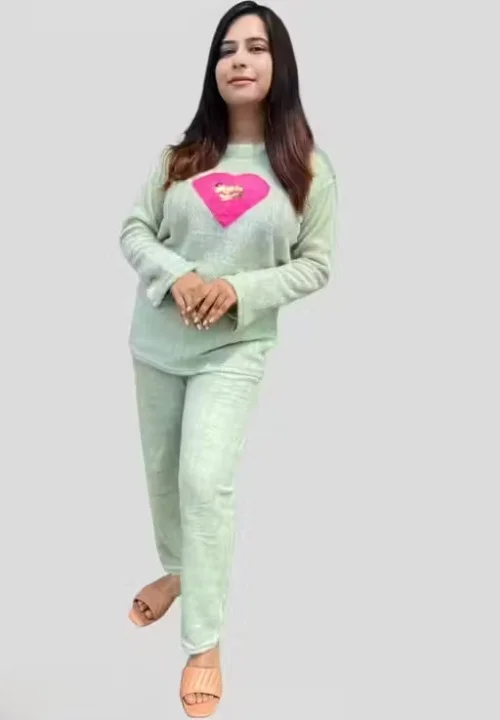 Women Woolen Fur Winter Top & Bottom Set | Green | Heart Logo | Cozy Loungewear | Free Size image 1