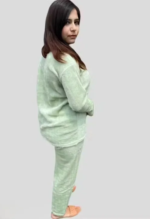 Women Woolen Fur Winter Top & Bottom Set | Green | Heart Logo | Cozy Loungewear | Free Size image 2