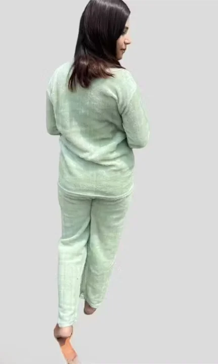Women Woolen Fur Winter Top & Bottom Set | Green | Heart Logo | Cozy Loungewear | Free Size image 3