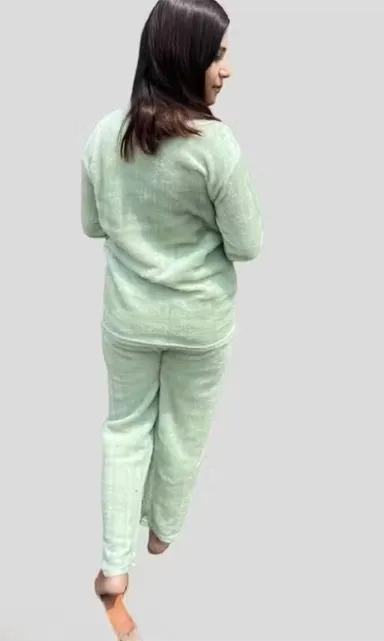 Women Woolen Fur Winter Top & Bottom Set | Green | Heart Logo | Cozy Loungewear | Free Size thumbnail 2