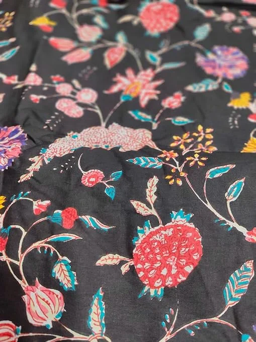 Cotton Dress Material | Jaipuri Hand Block Printed Fabric Black 2.5 Meter | Women Kurti Natural Cotton Cloth 44 Inches Width image 2